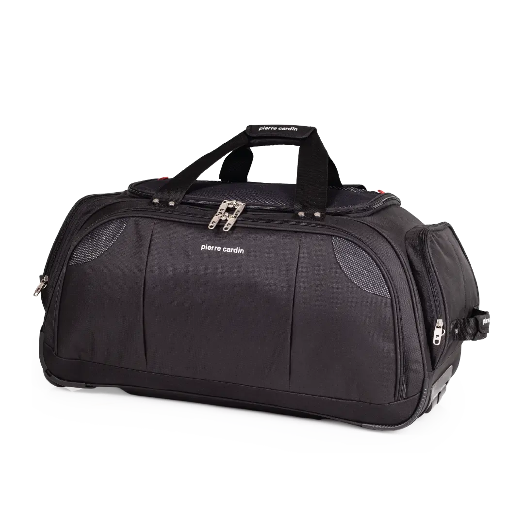 Black travel bag with wheels on a white background