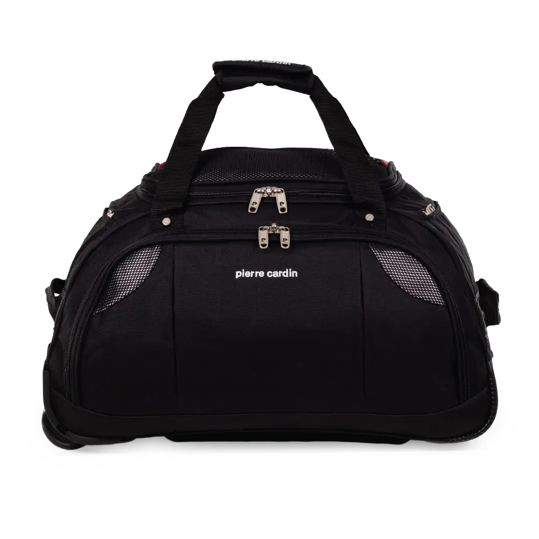 Black duffel bag with 'Pierre Cardin' branding on a white background