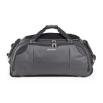 Gray duffel bag with black straps on a white background