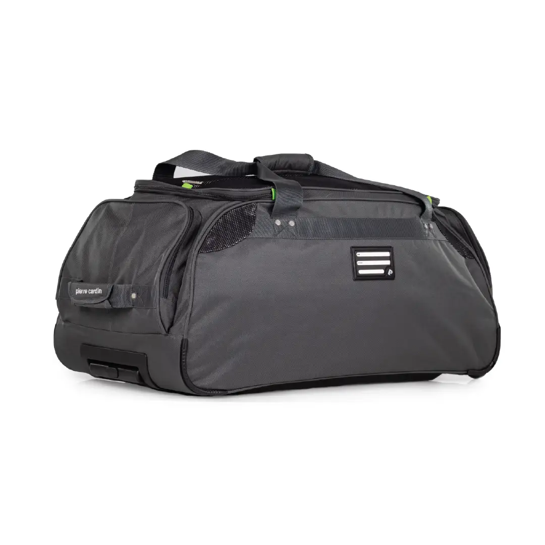 Black duffel bag with a visible brand logo on a white background