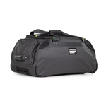 Black duffel bag with a visible brand logo on a white background