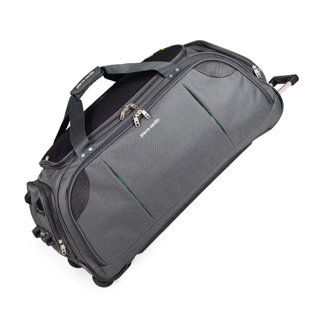 Gray rolling suitcase with handle and wheels on a white background