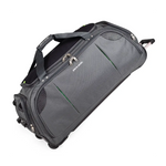 Gray rolling suitcase with handle and wheels on a white background