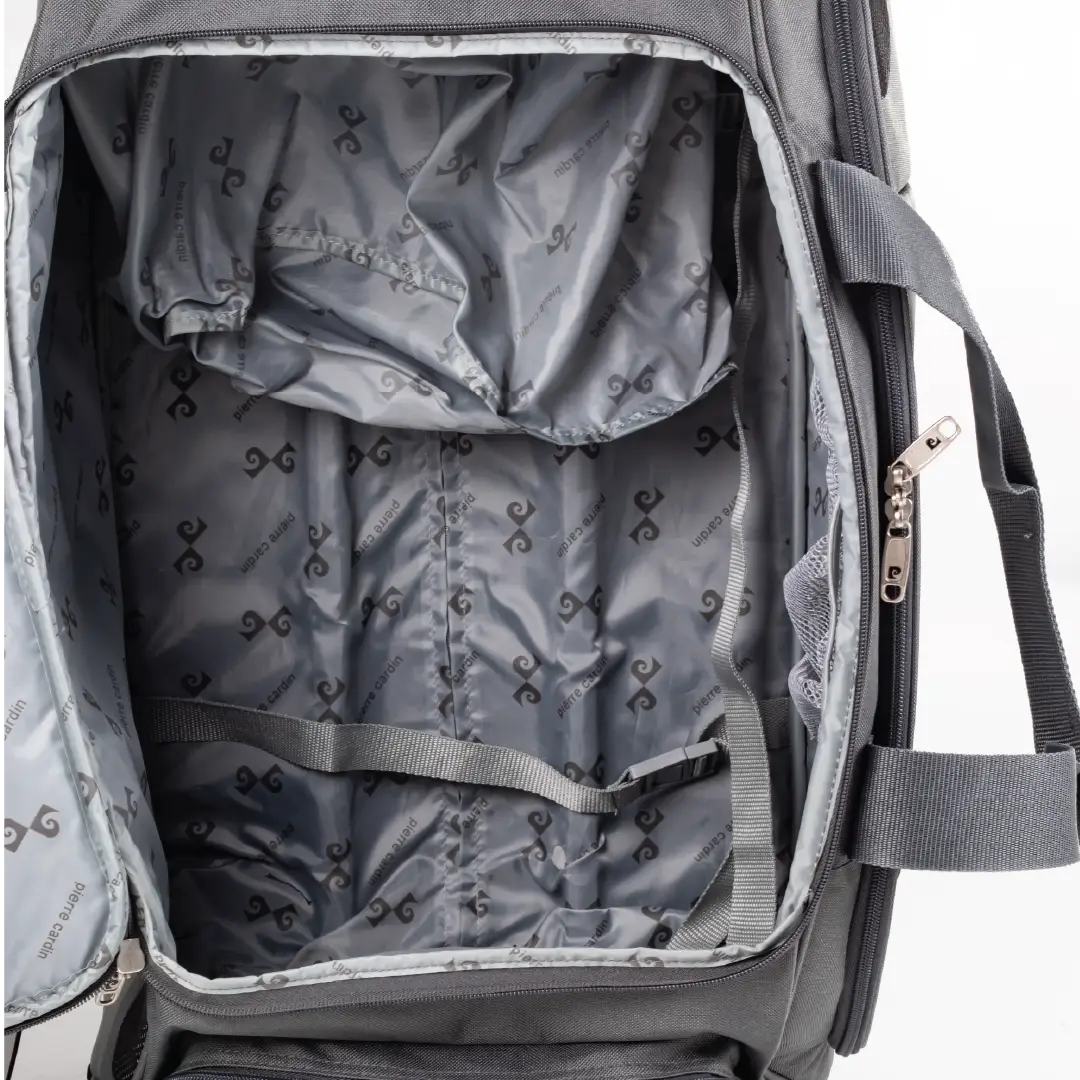 Gray backpack with open front compartment showing interior lining.