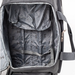 Gray backpack with open front compartment showing interior lining.