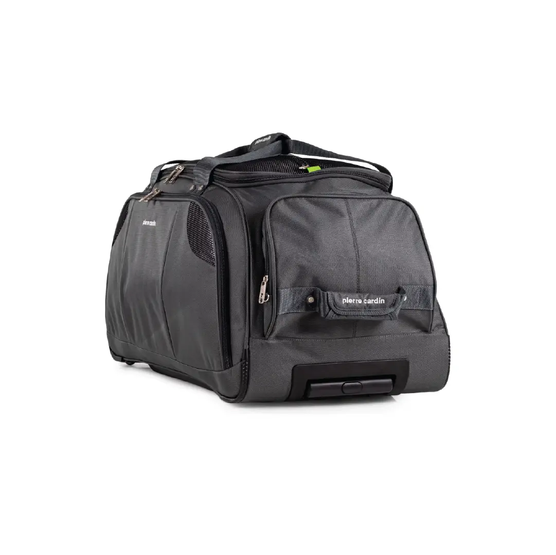 Black travel duffel bag with wheels on a white background