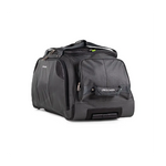 Black travel duffel bag with wheels on a white background