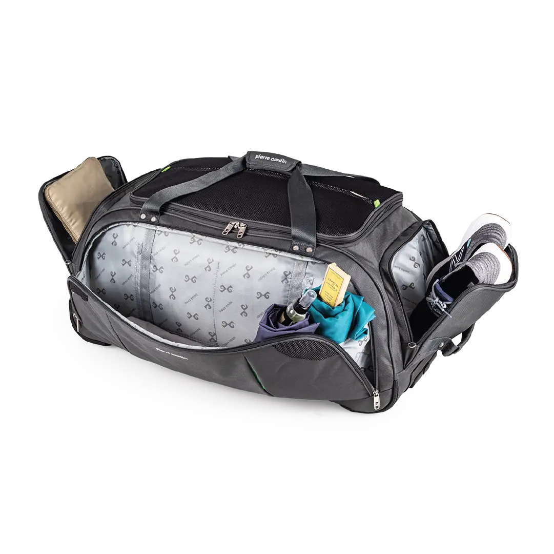 Black duffel bag with compartments on a white background