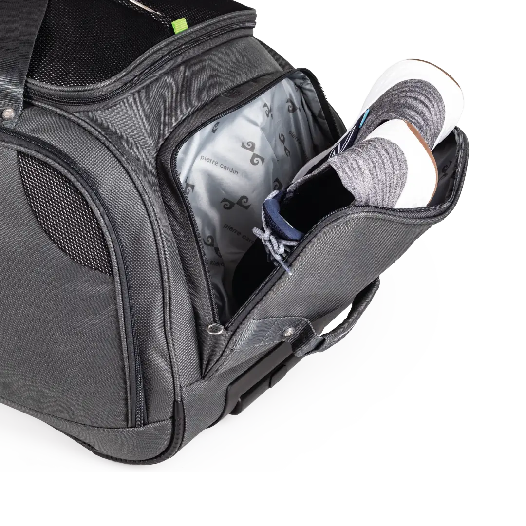 Gray backpack with a compartment open, revealing a golf bag and club inside.