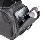 Gray backpack with a compartment open, revealing a golf bag and club inside.