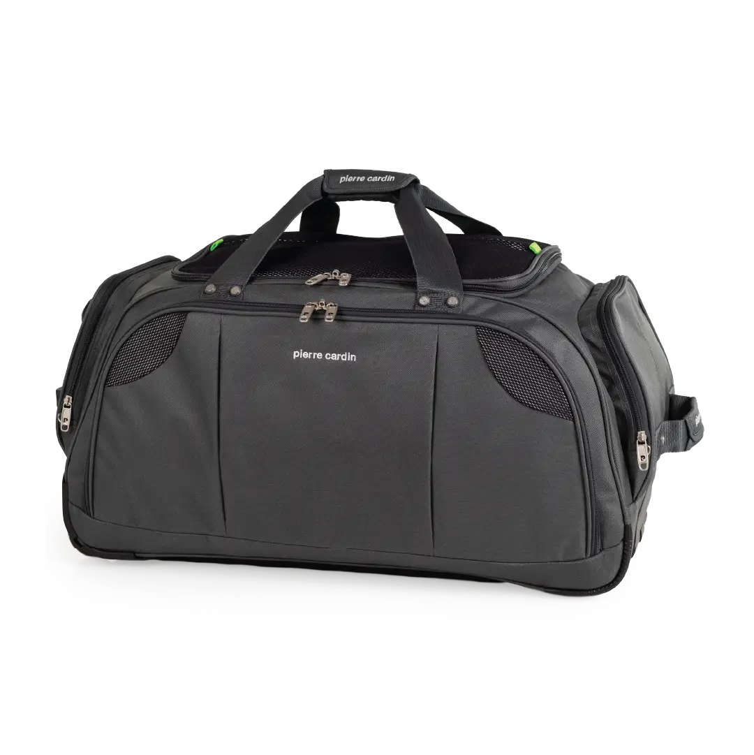 Black duffel bag with 'Pierre Cardin' branding on a white background