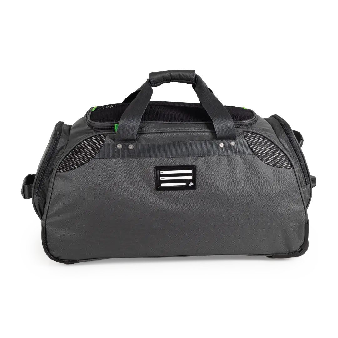 Gray duffel bag with a black handle and logo on a white background
