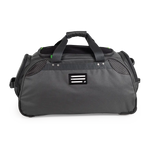 Gray duffel bag with a black handle and logo on a white background