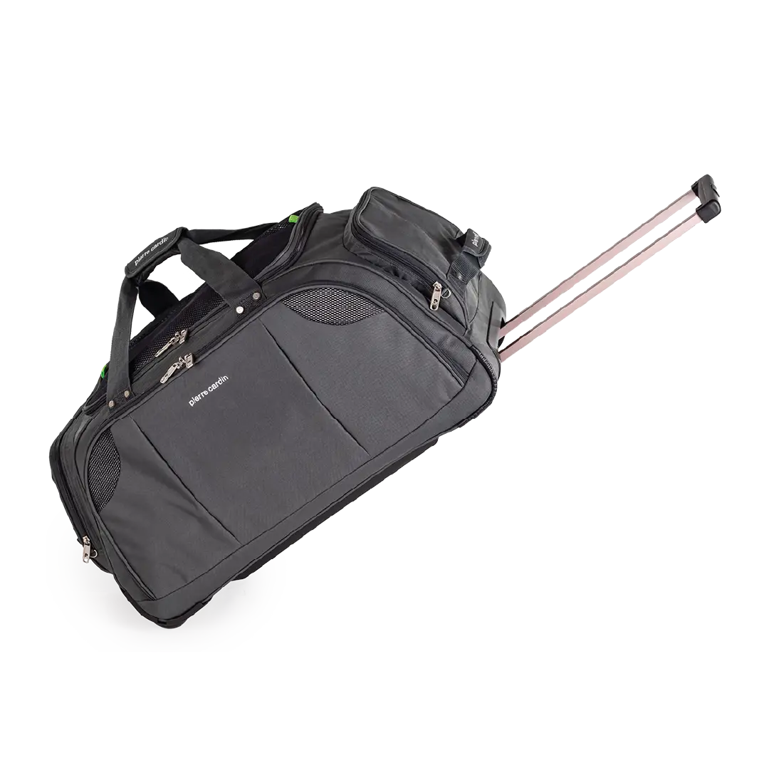 Black rolling suitcase with a visible brand logo on a white background