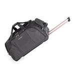 Black rolling suitcase with a visible brand logo on a white background