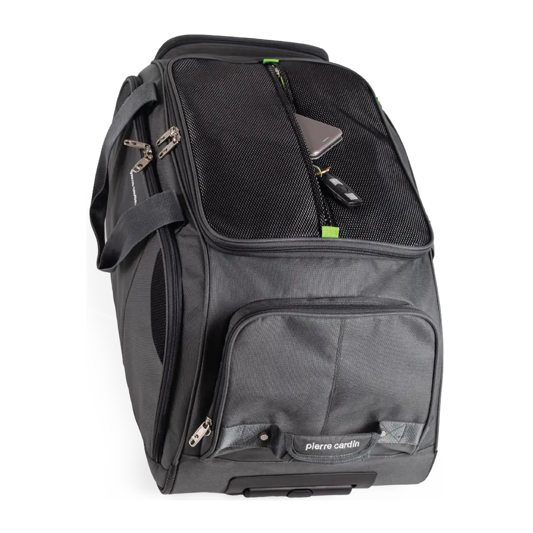 Black and gray travel bag with visible brand name on a white background