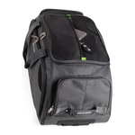 Black and gray travel bag with visible brand name on a white background