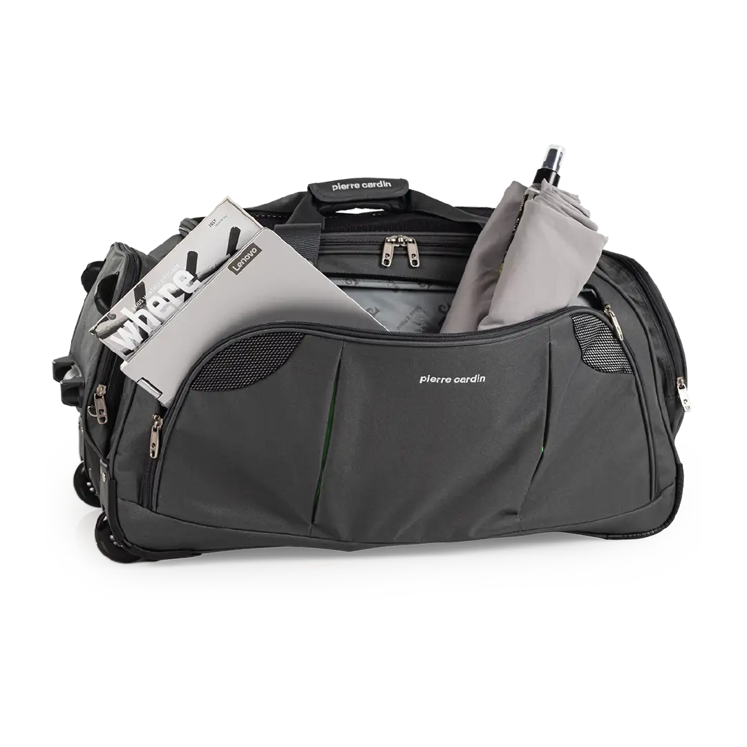 Gray duffel bag with a gray umbrella inside on a white background