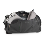 Gray duffel bag with a gray umbrella inside on a white background