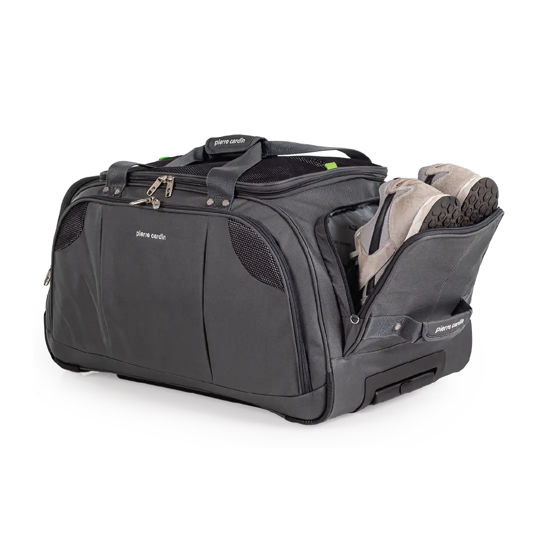Black travel duffel bag with a shoe compartment on a white background