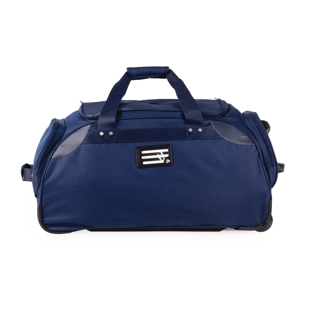 Navy blue duffel bag with wheels on a white background