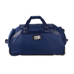 Navy blue duffel bag with wheels on a white background