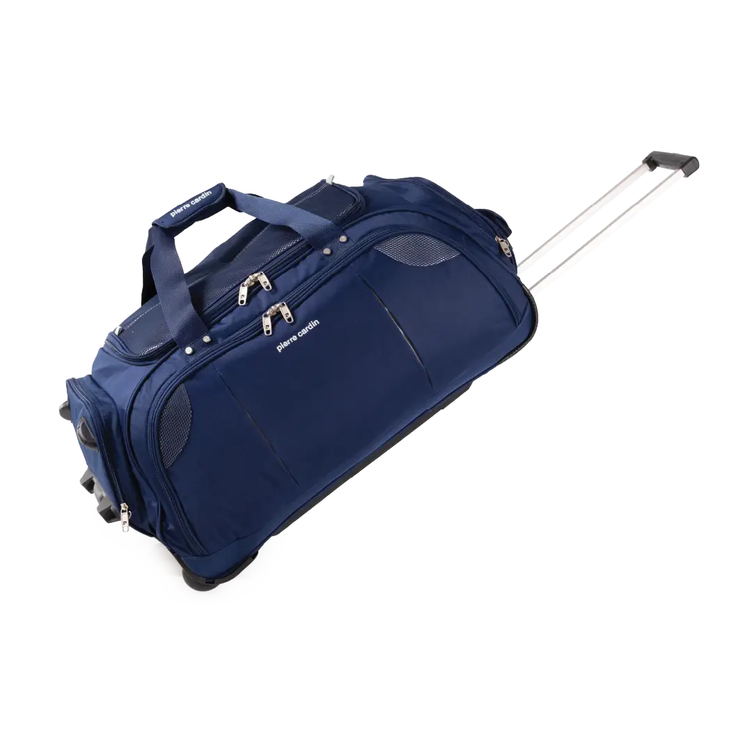 Blue rolling suitcase on a white background