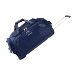 Blue rolling suitcase on a white background