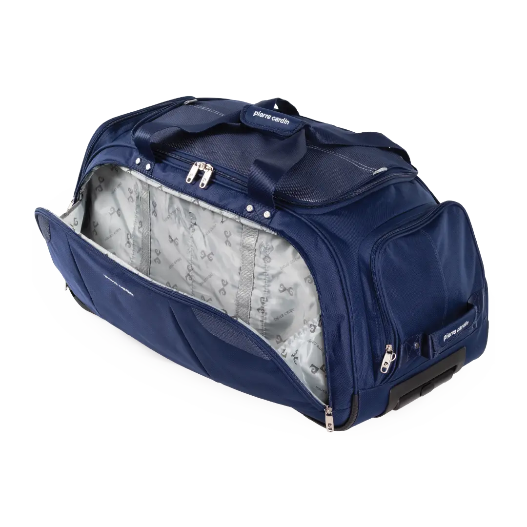 Blue duffel bag with a clear compartment showing a map pattern on a white background