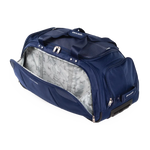 Blue duffel bag with a clear compartment showing a map pattern on a white background