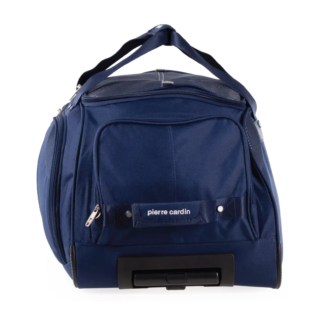 Blue duffel bag with 'Pierre Cardin' branding on a white background