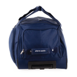 Blue duffel bag with 'Pierre Cardin' branding on a white background