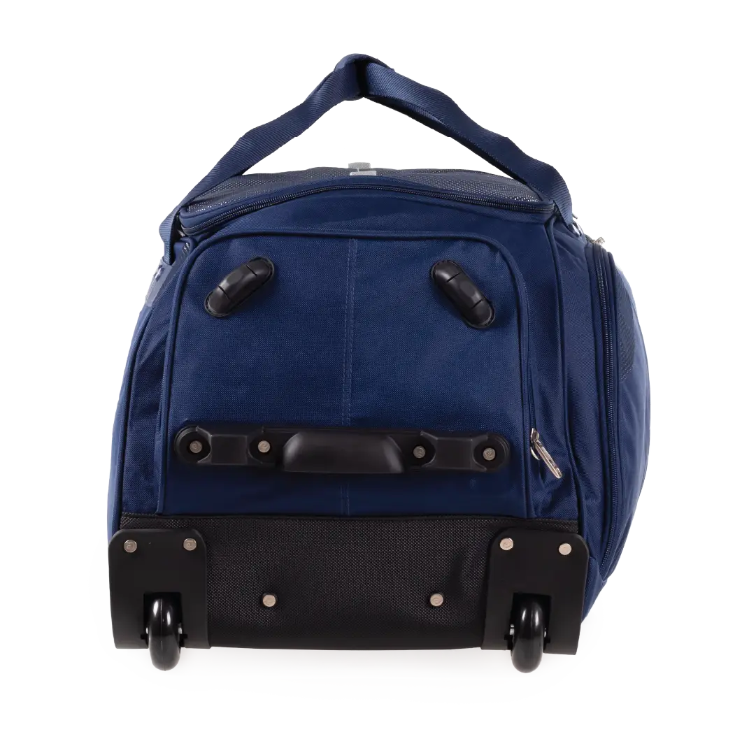 Blue rolling duffel bag on a white background