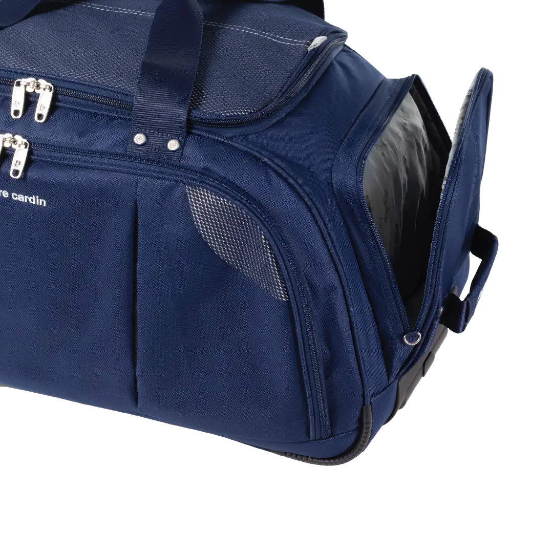 Navy holdall with open top on a white background
