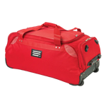 Red travel duffel bag with wheels on a white background