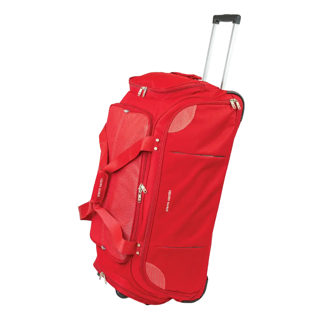 Red rolling suitcase on a white background