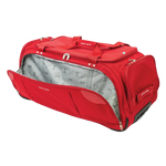 Red duffel bag with open compartment on a white background