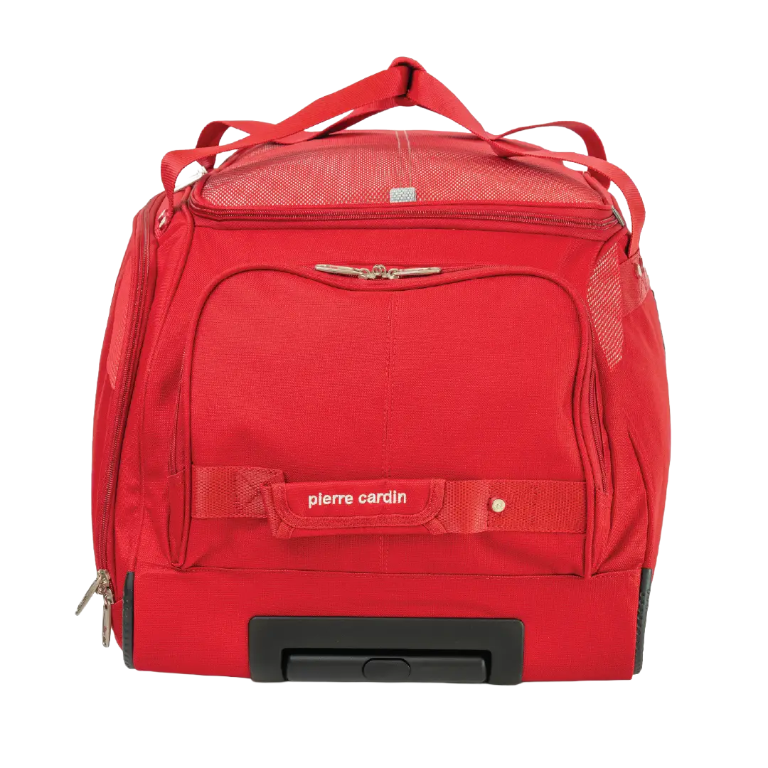 Red suitcase with wheels and handle on a white background, featuring the brand 'Pierre Cardin'.