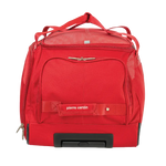 Red suitcase with wheels and handle on a white background, featuring the brand 'Pierre Cardin'.