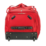 Red suitcase with black wheels on a white background