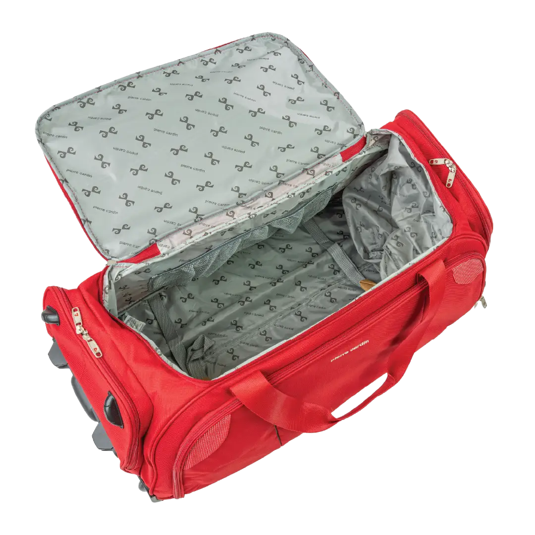 Red suitcase with open lid showing gray interior on a white background