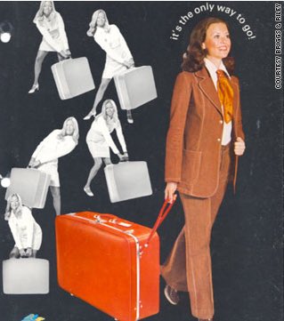 Woman in a brown suit with a red suitcase, surrounded by smaller images of herself with suitcases.