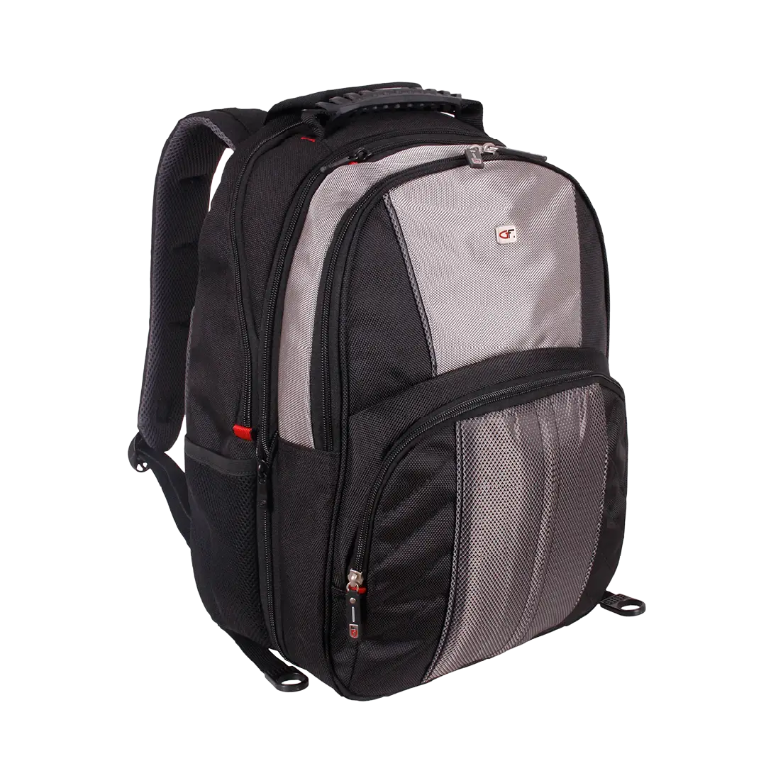 A black and gray backpack with multiple zippered compartments and a front mesh pocket, shown on a plain white background.