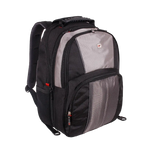 A black and gray backpack with multiple zippered compartments and a front mesh pocket, shown on a plain white background.