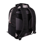 Black and gray backpack shown from the back, featuring padded shoulder straps, mesh back panels, and side pockets, isolated on a white background.