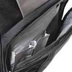Close-up of a black textured fabric bag with a zippered compartment opened to reveal gray interior organizer pockets.