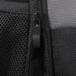 Close-up of a black zipper pull with an embossed 'GF' logo, showing black mesh fabric and textured woven material on either side.