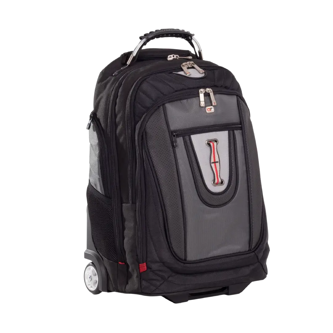A black and gray rolling backpack with a telescoping handle, side mesh pocket, and a front zippered pocket featuring a red and black logo, shown on a plain white background.