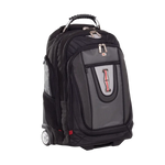 A black and gray rolling backpack with a telescoping handle, side mesh pocket, and a front zippered pocket featuring a red and black logo, shown on a plain white background.
