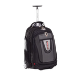 A black and gray rolling backpack with an extended silver telescoping handle, shown on a plain white background. The backpack features a front zippered pocket with a red and gray logo, side mesh pockets, and two wheels at the base.